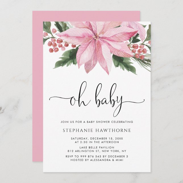 Convite Chá de fraldas de inverno Pink de Aquarela (Frente/Verso)