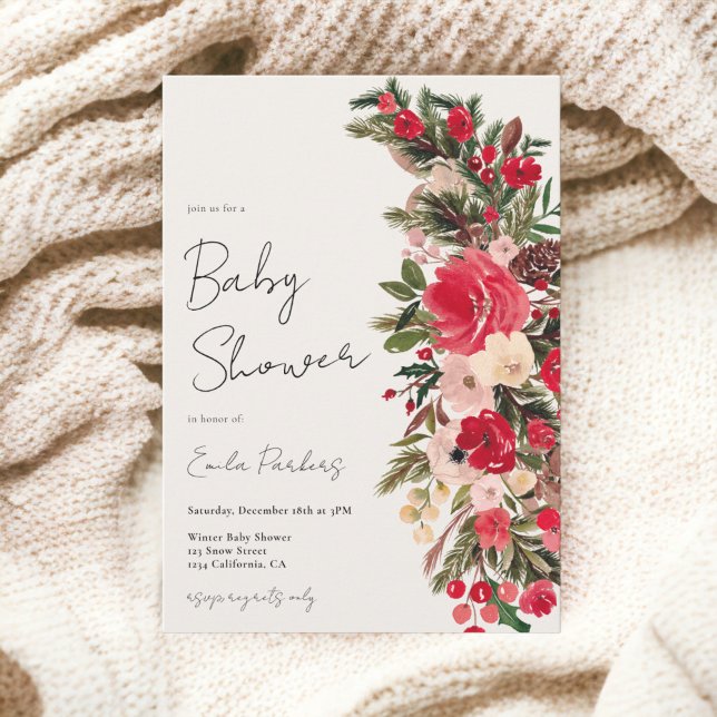 Convite Chá de fraldas de inverno Russo Vermelho Verde (Rustic Red green Floral Winter baby shower Invitation)
