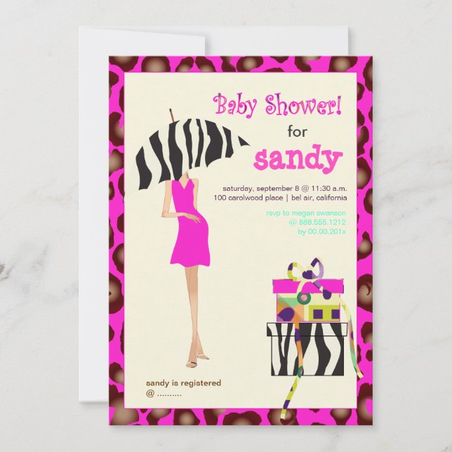 Convite chá de fraldas de Jaguar/zebra rosa-quente (Frente)