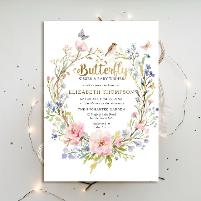 Convite Chá de fraldas de Jardim de Flores Selvagens de Bo (butterfly kisses baby shower invitation fairy enchanted garden woodland forest bird spring summer)