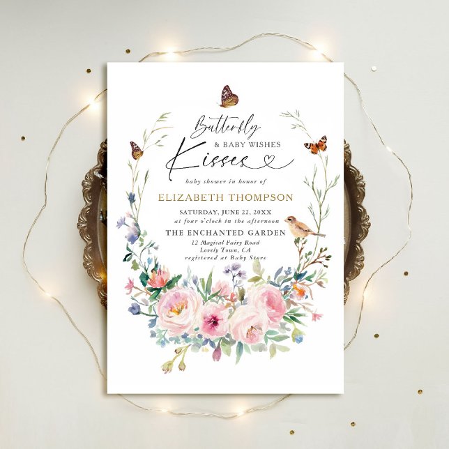 Convite Chá de fraldas de Jardim de Flores Selvagens de Bo (butterfly kisses baby shower invitation enchanted garden woodland forest bird spring summer boho)