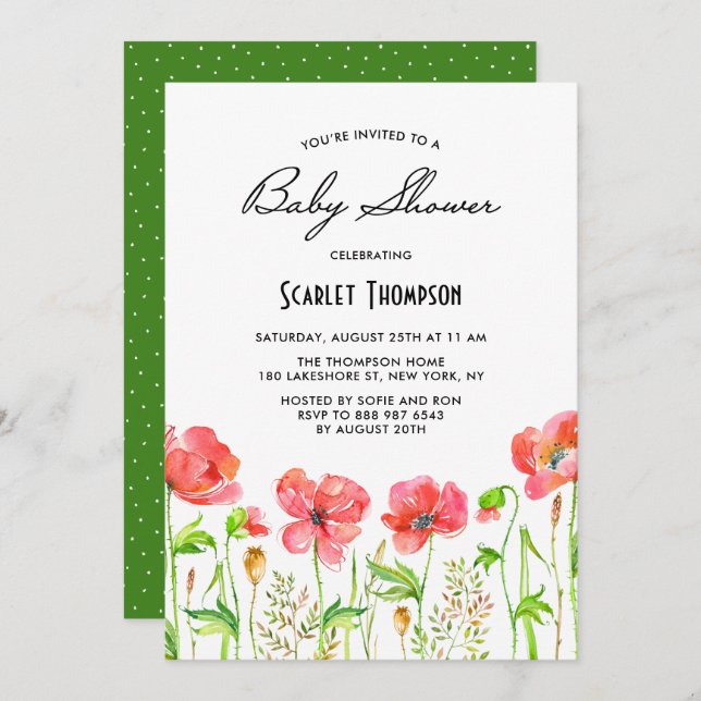 Convite Chá de fraldas de Jardim de Poppies Vermelhos com  (Frente/Verso)