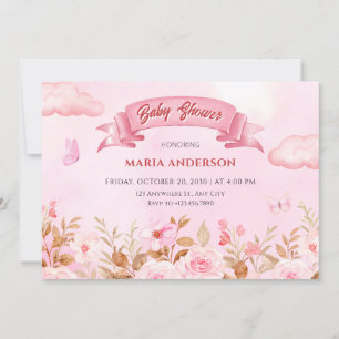 Convite Chá de fraldas de jardim floral pastel cor-de-rosa