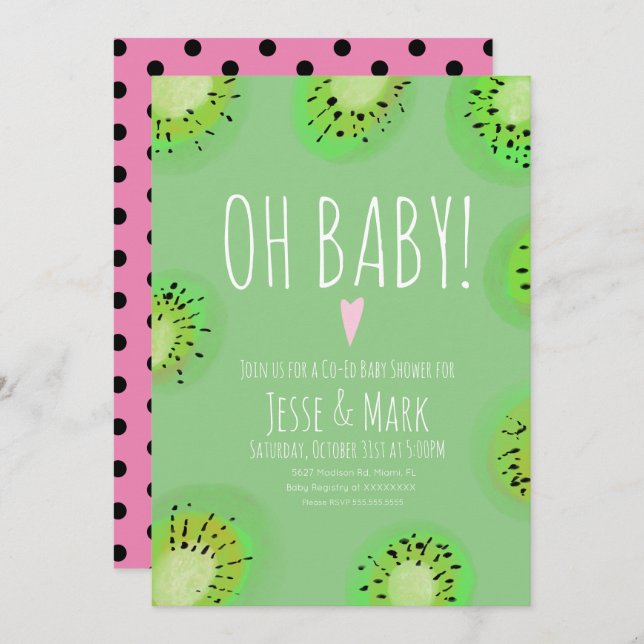 Convite Chá de fraldas de Kiwi moderno - Ponta de Água Ros (Frente/Verso)