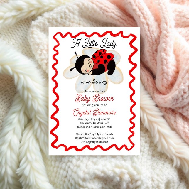 Convite Chá de fraldas de Ladybug, pequena inseto (Ladybug red wavy border baby shower invitation template cute sleepy bug little lady invite)