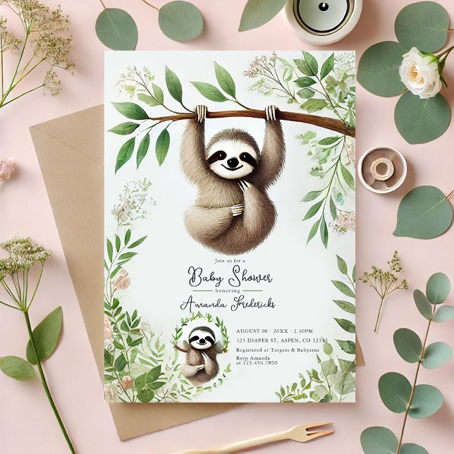 Convite Chá de fraldas de Lama Encantador (Charming Hanging Sloth Baby Shower Invitation)