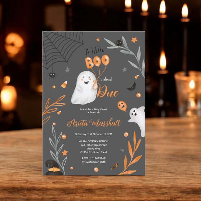 Convite Chá de fraldas de laranja Bonito Boo Halloween (Cute little Boo Halloween orange baby shower Invitation)