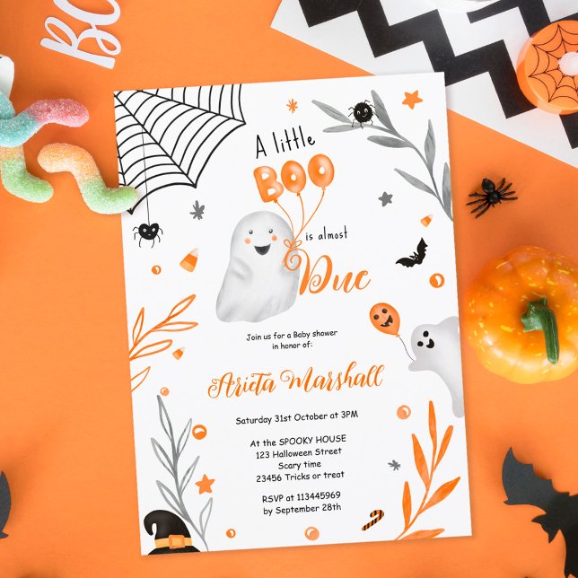 Convite Chá de fraldas de laranja Bonito Boo Halloween (Cute little Boo Halloween orange baby shower Invitation)