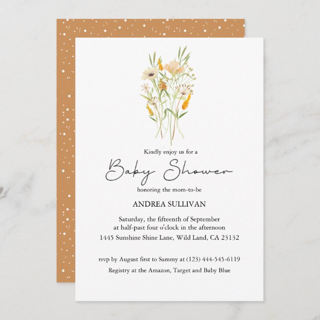 Convite Chá de fraldas de laranja de flor selvagem minimal (Frente/Verso)