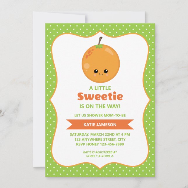 Convite Chá de fraldas de laranja Docinho bonito (Frente)