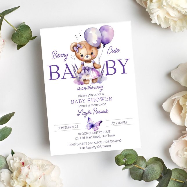 Convite Chá de fraldas de lavanda roxa de ursinho giro (Beary cute teddy bear baby shower template invitation instant digital download purple teddy bear )