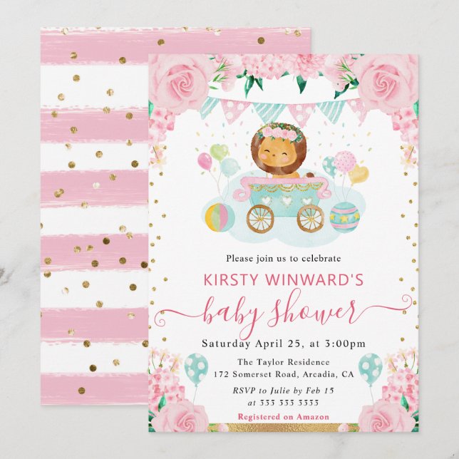 Convite Chá de fraldas de Leão de Flores Rosa de Aquarela (Frente/Verso)