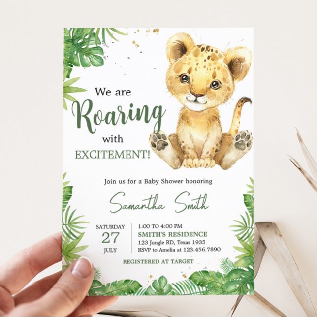 Convite Chá de fraldas de Leão itinerante (Roaring with Excitement Lion Baby Shower Invitation)