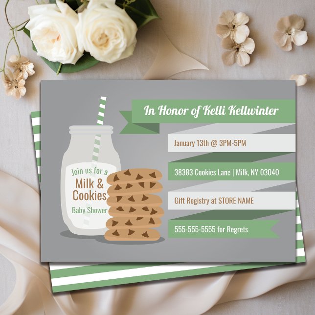 Convite Chá de fraldas de Leite e Biscoitos (Milk and Cookies Baby Shower Modern Green Stripe Invitation)