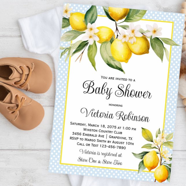 Convite Chá de fraldas de limão (Sweet baby blue lemon baby shower invitation. Instant download and printed invitations available.)