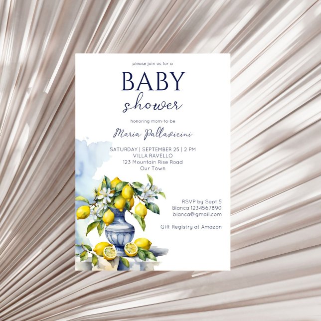 Convite Chá de fraldas de limões de vaso azul italiano Ama (Amalfi Italian blue vase lemons summer baby shower Invitation editable template instant download )