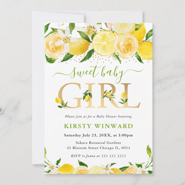 Convite Chá de fraldas de Limões Florais de Aquarela (Frente)