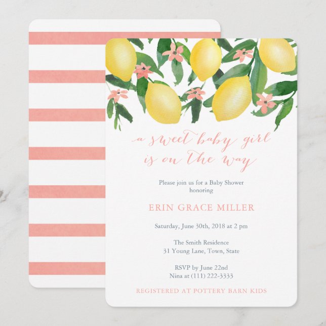 Convite Chá de fraldas De Limões, Garota Doce No Caminho (Frente/Verso)