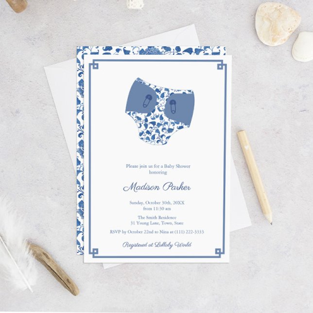 Convite Chá de fraldas de Limpeza de Fraldas Azul e Branco (Chinoiserie Chic Blue And White Diaper Theme Baby Shower Invitation)