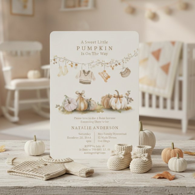 Convite Chá de fraldas de linha de estreia Elegante do Rap (Elegant Little Pumpkin Boy Clothesline Baby Shower Invitation)