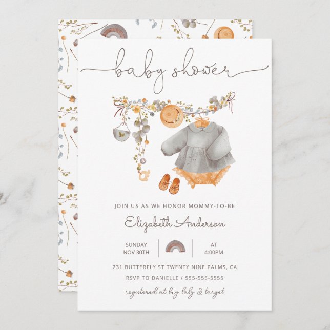 Convite Chá de fraldas de Linha de Fechamento da Baby Girl (Frente/Verso)