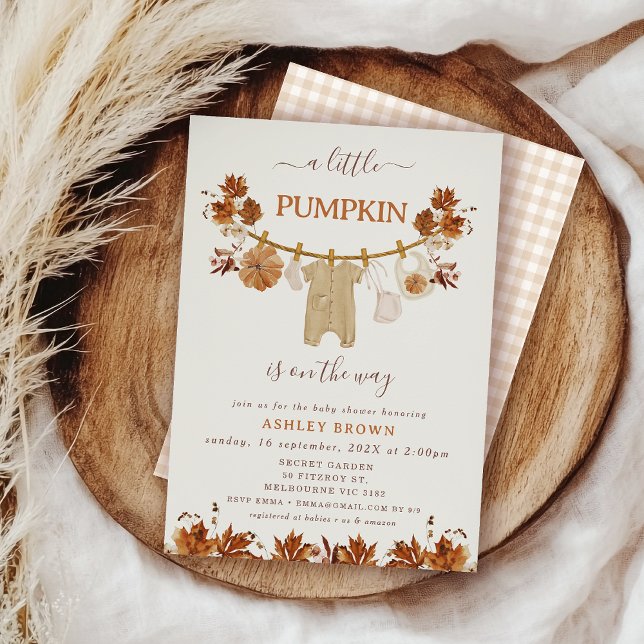 Convite Chá de fraldas de Linha de Fechamento de Folhagem  (Rustic Fall Baby Shower Invitation, Fall Baby Shower Invitation With Clothesline, Autumn Baby Shower)
