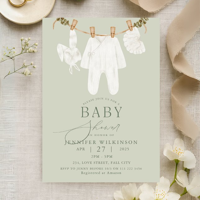 Convite Chá de fraldas de linha de roupas de boho neutro S (Sage Neutral Boho Clothes Line Baby Shower Invitation)