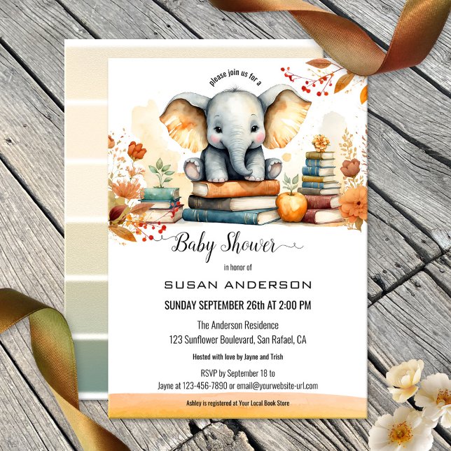 Convite Chá de fraldas de Livros Elefantes de Aquarela (A cute baby shower invitation featuring a watercolor design with a baby elephant and books)