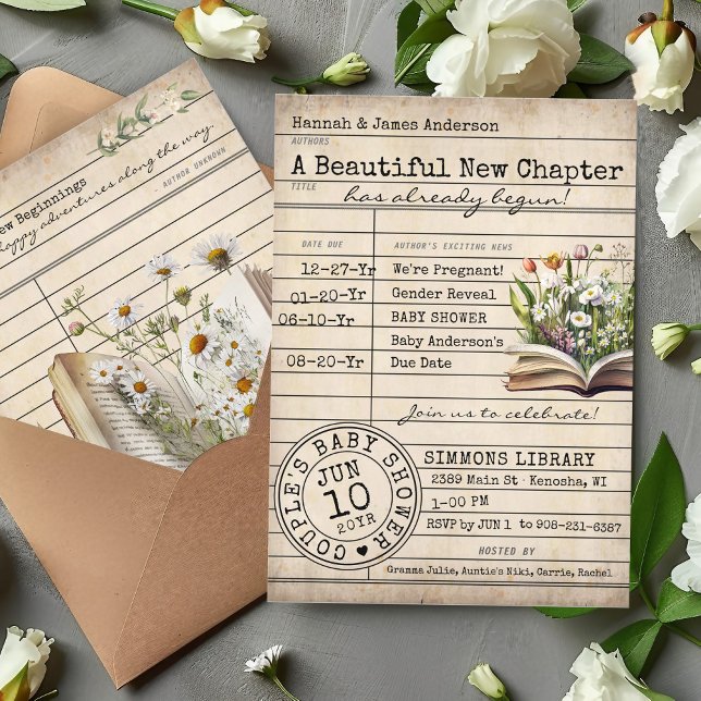 Convite Chá de fraldas de Livros Florais de Biblioteca Vin (A new chapter cute vintage floral library card book theme timeline couple's baby shower invitation)
