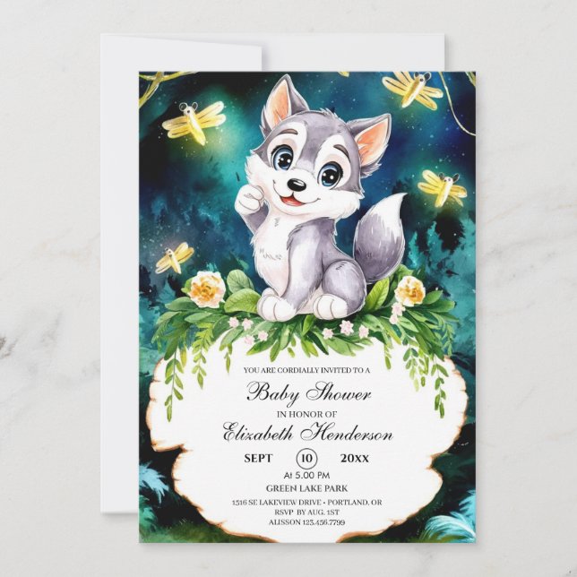 Convite Chá de fraldas de Lobo Florestal Encantado (Frente)