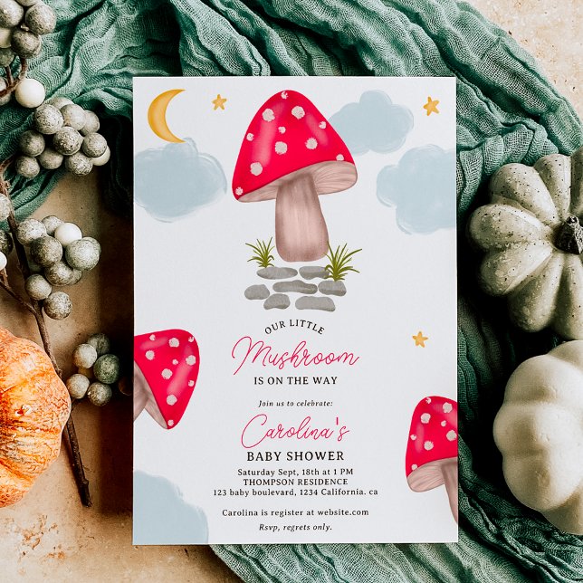 Convite Chá de fraldas de lua de cogumelo vermelho (Fall red little mushroom moon baby shower invitation)