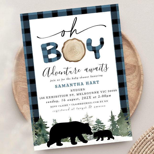 Convite Chá de fraldas de Lumberjack de Verificação de Buf (Boys Blue Buffalo Check Lumberjack Baby Shower Invitation, Oh Boy Adventure Awaits baby Shower )