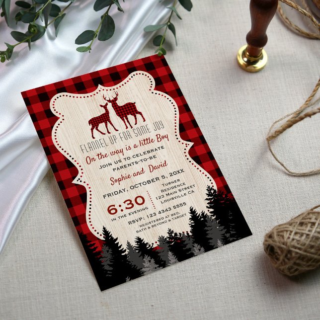 Convite Chá de fraldas de Lumberjack, um caçador encantado (lumberjack baby shower invite, little hunter baby shower invitation, red buffalo forest baby shower)