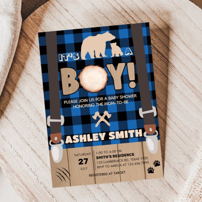 Convite Chá de fraldas de Lumberjack Xadrez Russo Azul (Plaid Lumberjack Baby Shower Invitation)