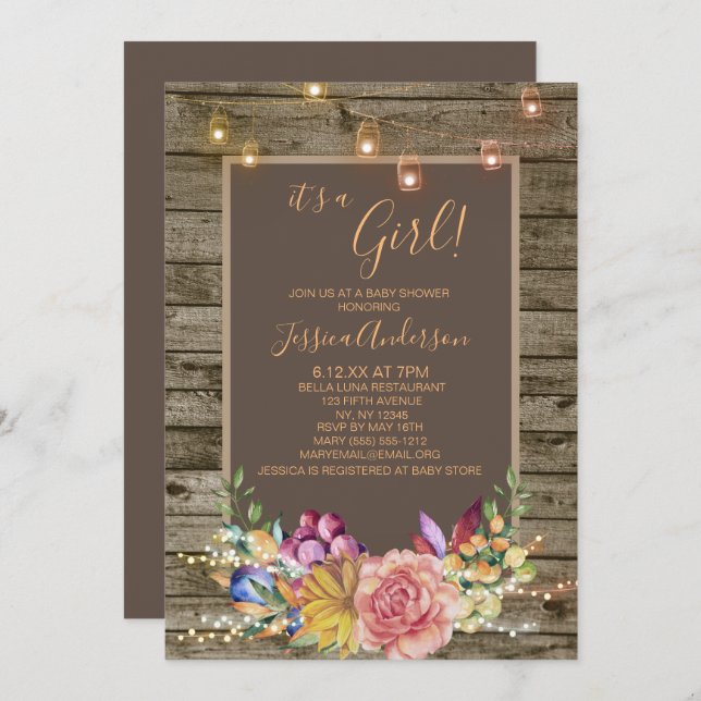 Convite Chá de fraldas De Luz Floral Mason Jar (Frente/Verso)