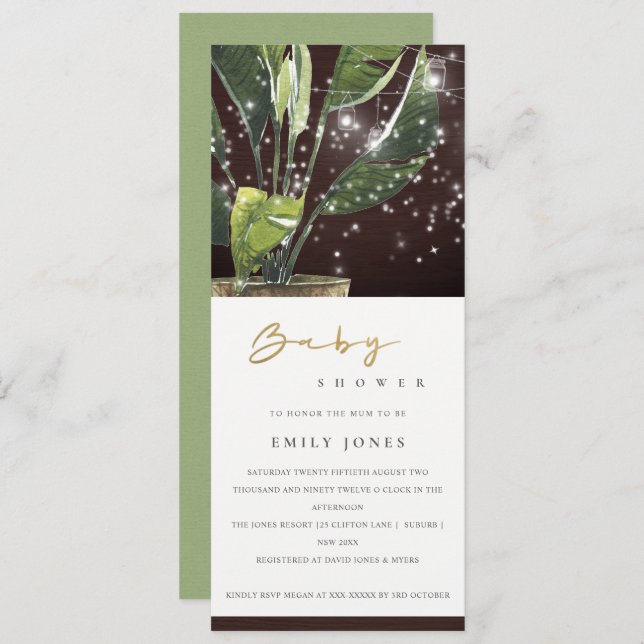 CONVITE CHÁ DE FRALDAS DE LUZES DE MASON DE ESTAQUE DE PAL (Frente/Verso)