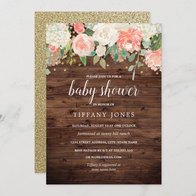 Convite Chá de fraldas de Madeira Floral Dourada Peach (Frente/Verso)