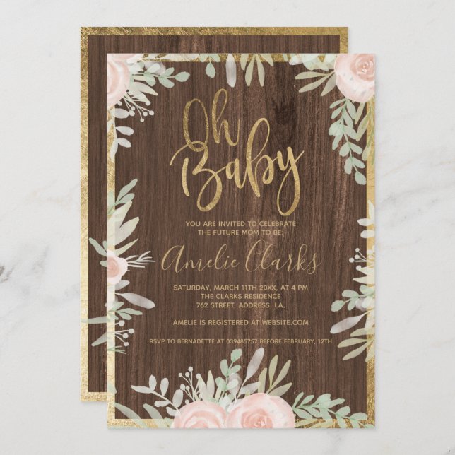 Convite Chá de fraldas de madeira rústica, borda de ouro f (Frente/Verso)