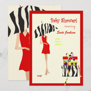 Convite Chá de fraldas de mamã/vestido vermelho/listras 