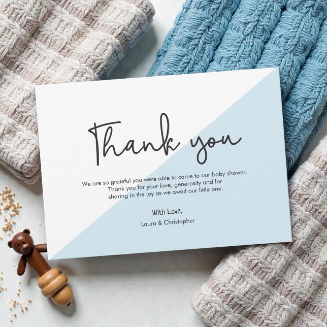 Convite Chá de fraldas de Manual Moderno obrigado Azul (Modern script handlettering thank you with custom message. Baby boy  blue shower thank you cards.)