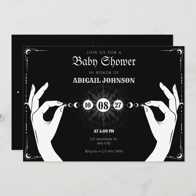 Convite Chá de fraldas de mão mágica mística da lua (Frente/Verso)