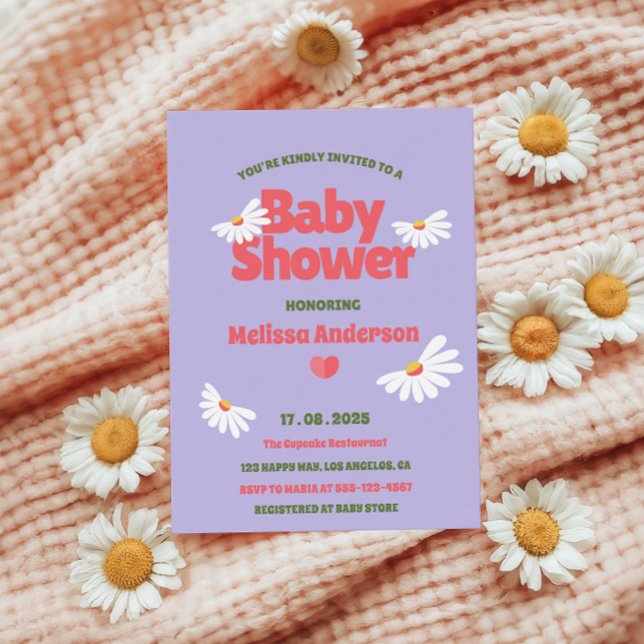 Convite Chá de fraldas de Margarida Retro Roxo (Criador carregado)