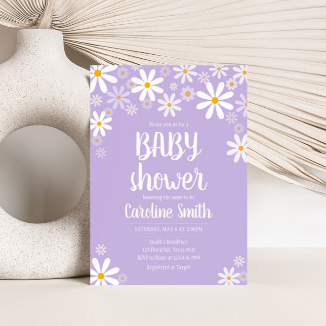 Convite Chá de fraldas de margarida roxa (Purple Boho Daisy Baby Shower Invitation 
)