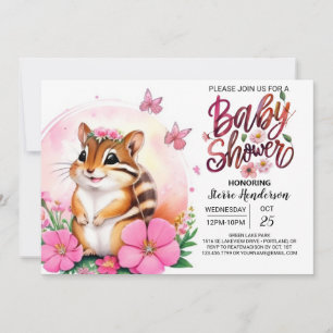 Convite Chá de fraldas De Menina Branca De Chipmunk Rosa
