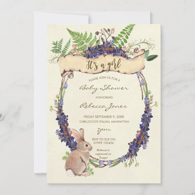 Convite chá de fraldas de menina coelho de coelho (Frente)
