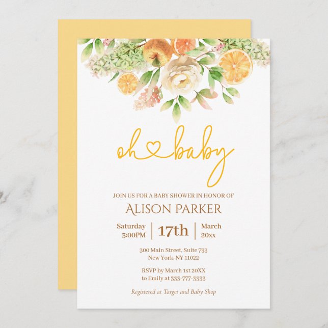 Convite Chá de fraldas de Menina Elegante Floral de Citrus (Frente/Verso)