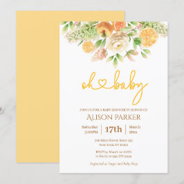 Convite Chá de fraldas de Menina Elegante Floral de Citrus