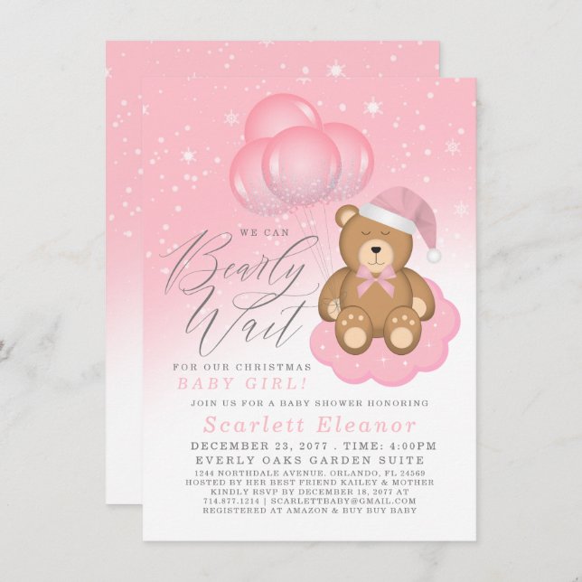 Convite Chá de fraldas de Menina Rosa de inverno com Urso  (Frente/Verso)