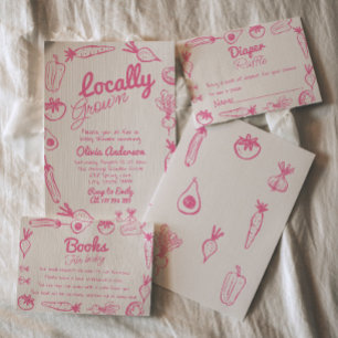 Convite Chá de fraldas de Menina Rosa Rosa Desenhada À Mão