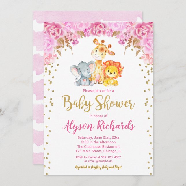 Convite chá de fraldas de meninas de safari (Frente/Verso)